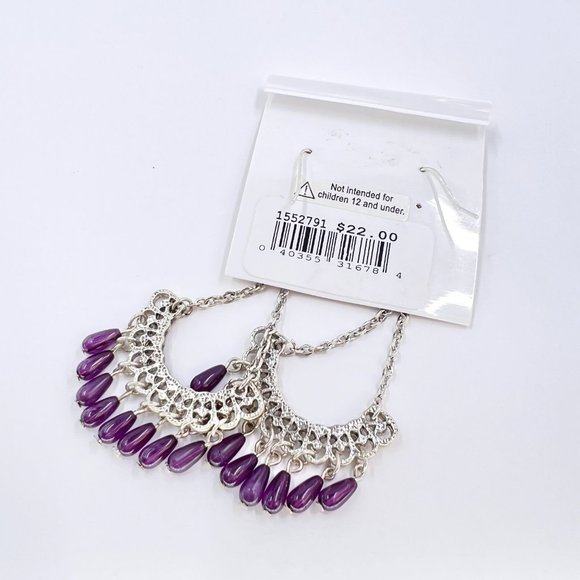 NWT - Robert Rose - Purple Beaded Chandelier Shiny Silver Tone Fishhook Earrings - Picture 7 of 7